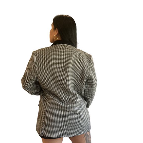 Houndstooth Blazer Wool Blend Black Velvet Collar Vintage Academia Style USA 16 - Picture 2 of 6